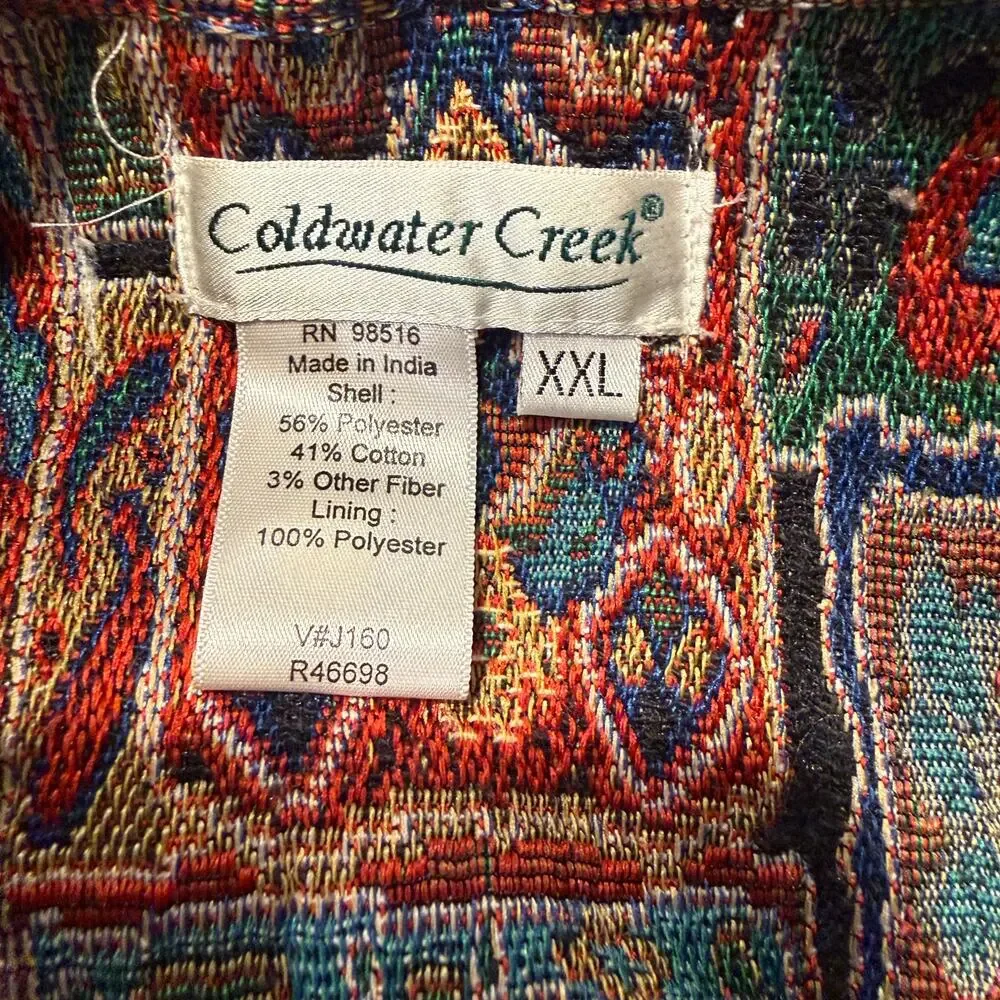 Coldwater Creek Tapestry Zip Vest 2X Elephant Tribal Boho Artsy Patchwork Cabin
